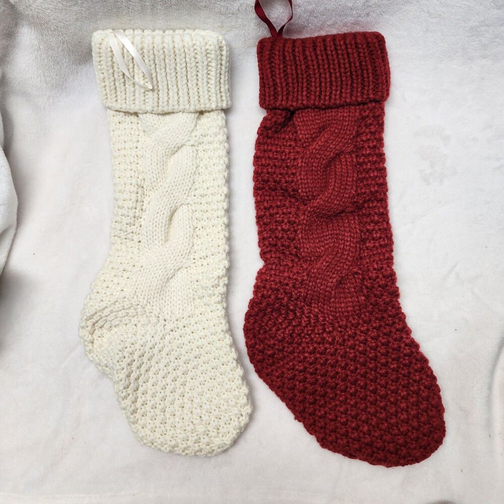 Chunky Knit Christmas Stocking Set Of 2 Ivory Burgundy NIP 17"